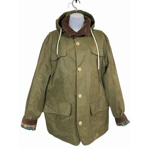 WESC Olive Green Utility Parka Work Jacket Hooded Corduroy Collar Plaid Lined M